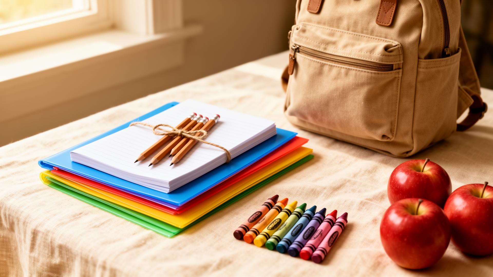 Neatly arranged notebooks, pencils, folders, crayons, and a small canvas backpack in warm natural light